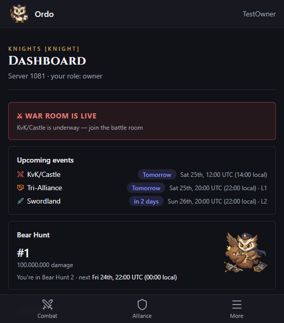 The Ordo dashboard on mobile showing a live War Room banner, upcoming events and Bear Hunt rank