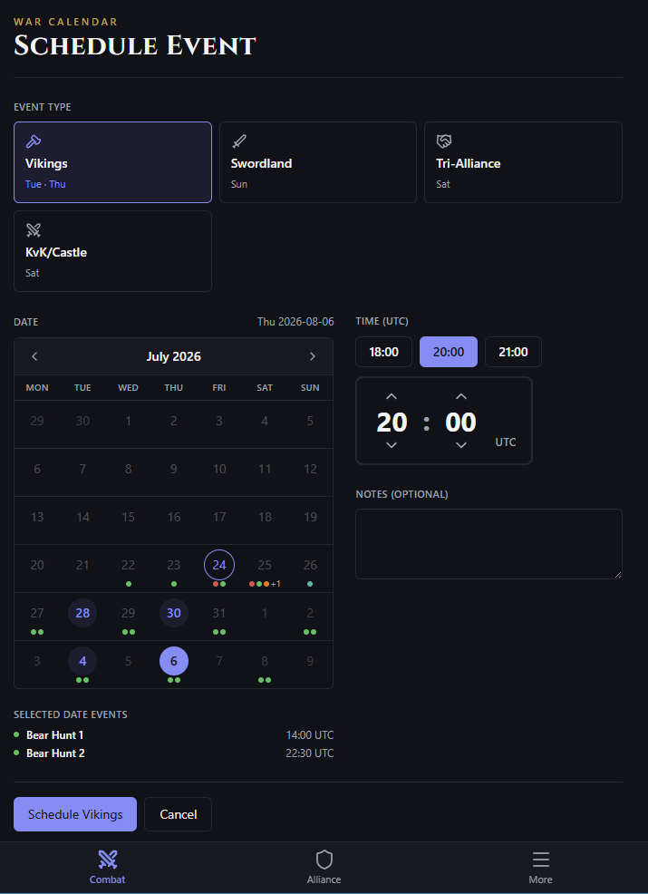Form for scheduling a new alliance event with type, date and time